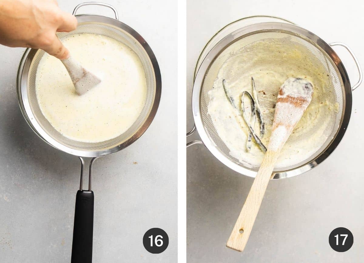 Stirring custard to press it through the strainer.