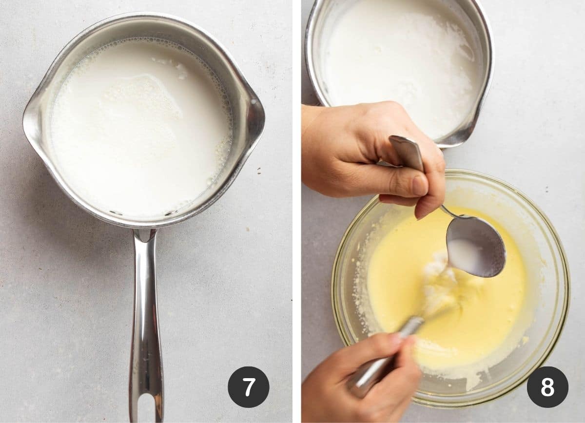 Tempering egg mixture.