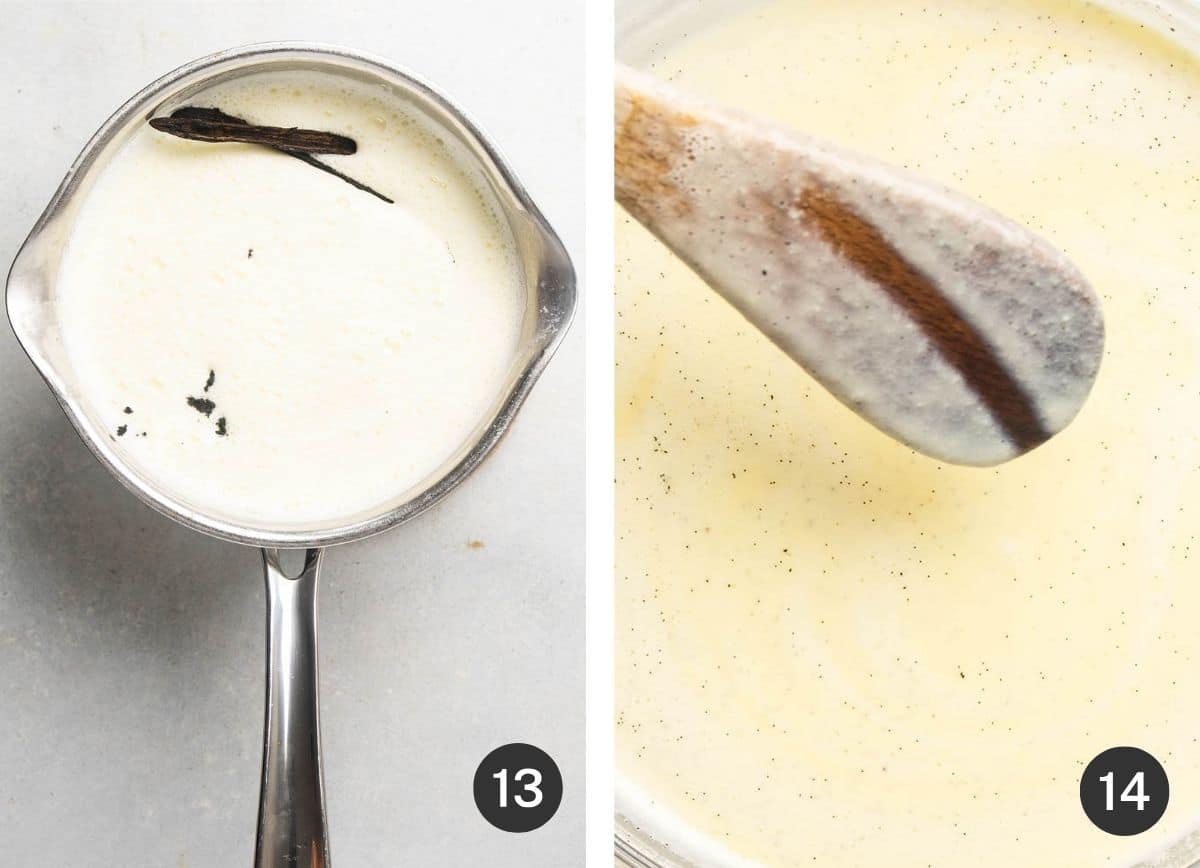 Adding vanilla bean to custard.