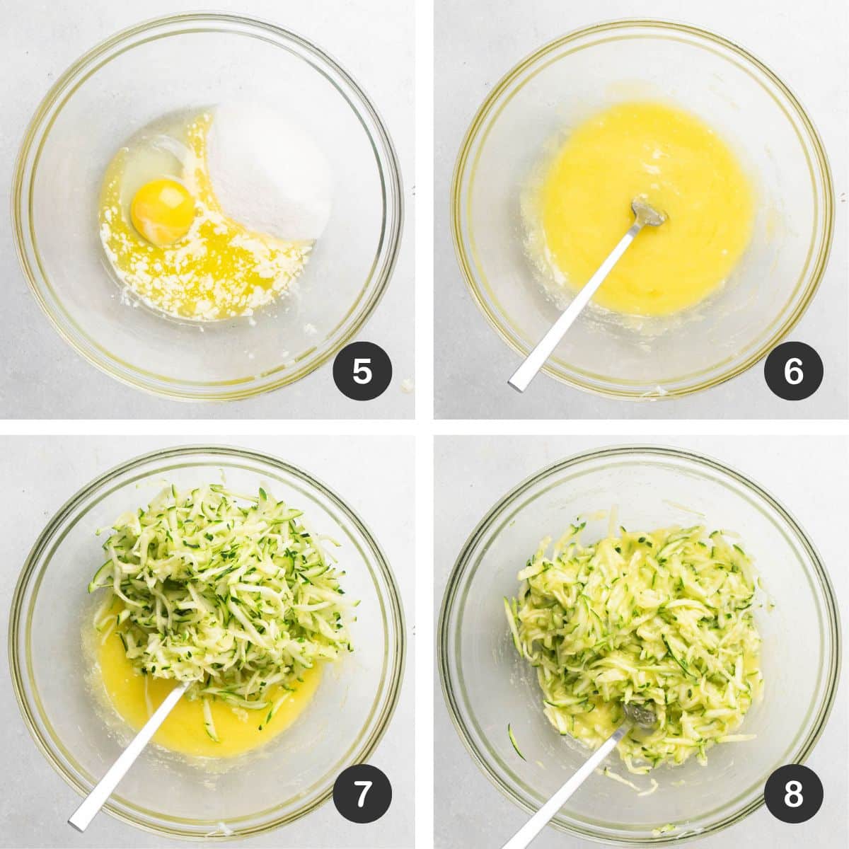 Mixing wet ingredients with zucchini.