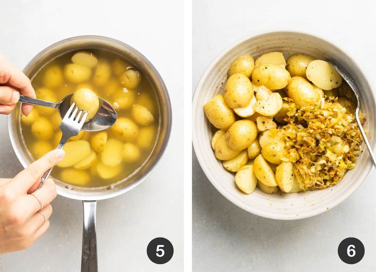 Mixing potato salad.