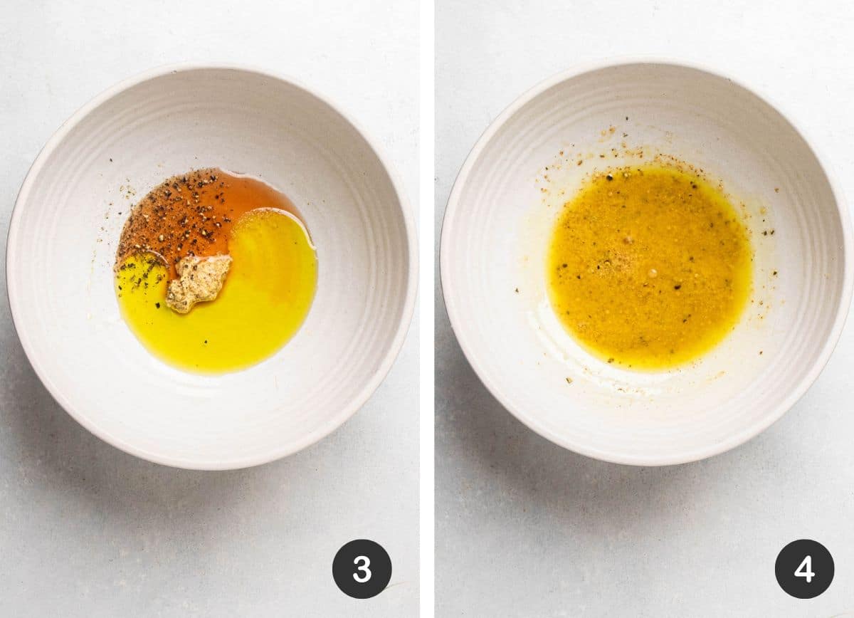 Mixing vinaigrette in a large bowl.