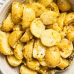 Warm potato salad with caramelized leeks.